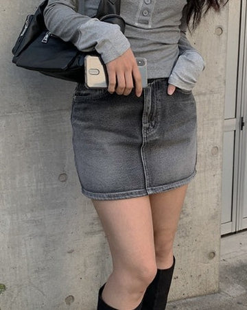 Alt Black Denim Washing Denim Mini Skirt